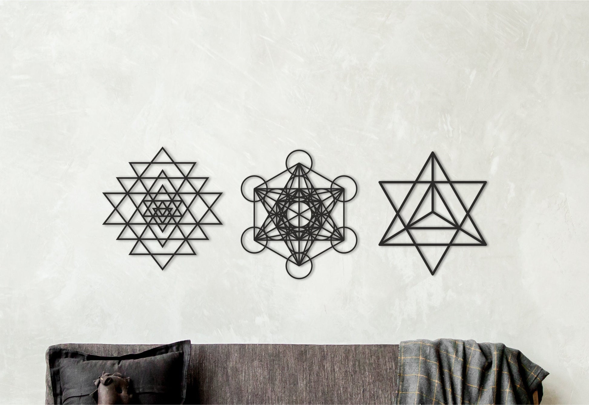 3 piece wall art set, merkaba wall art, metatron wall art, sri yantra art, tryptic wall art, triptych wood wall art, wooden unique decor