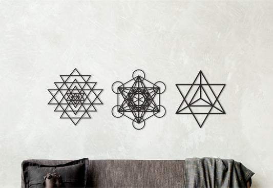 3 piece wall art set, merkaba wall art, metatron wall art, sri yantra art, tryptic wall art, triptych wood wall art, wooden unique decor