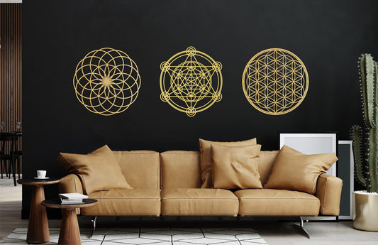 Sacred geometry wall art, metatron cube, flower of life, torus wall art, set of 3, energy healing