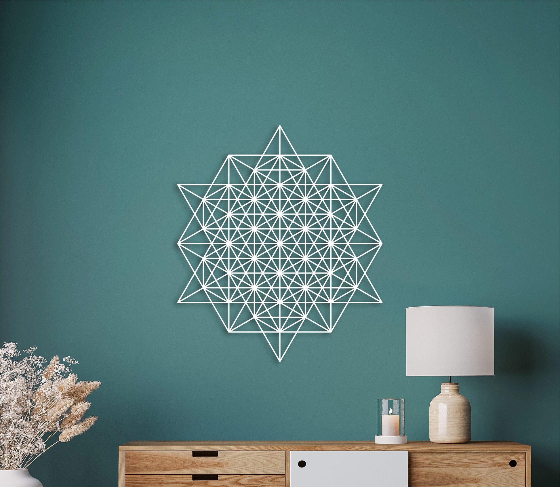 64 tetrahedron wall art, grid of life wood decor, tetrahedron, sacred geometry art, yoga studio decor, geometric wood art, wooden large art