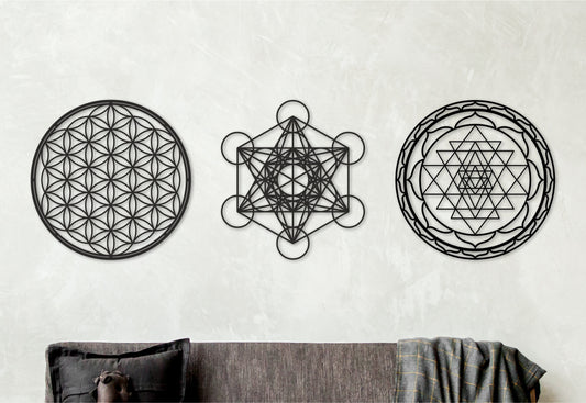 Sacred geometry wall art set, LARGE wall decor, Sri Yantra, Metatron cube, Flower of life, Yoga wall art, Wooden decorations, High vibration