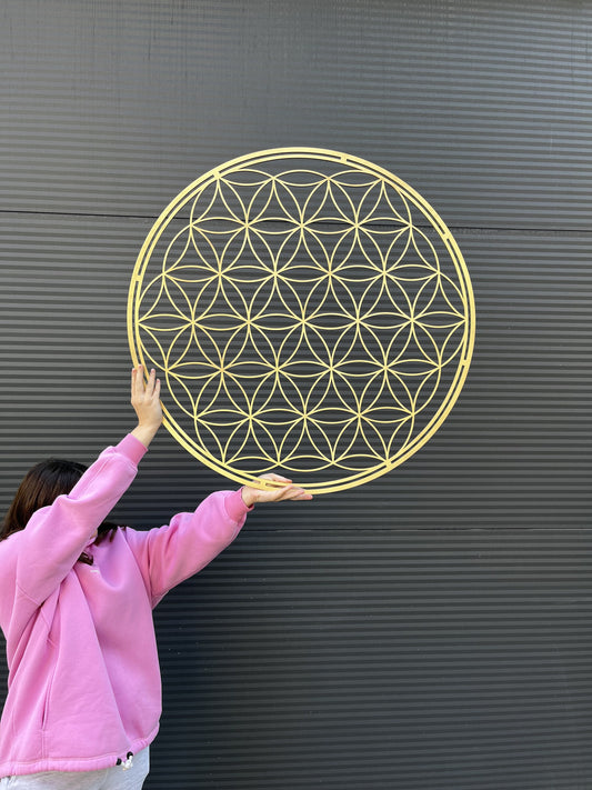 Flower of life wall art, chakra wall hanging, sacred geometry decor, gold wall art large, aura wall art, woodsy decor