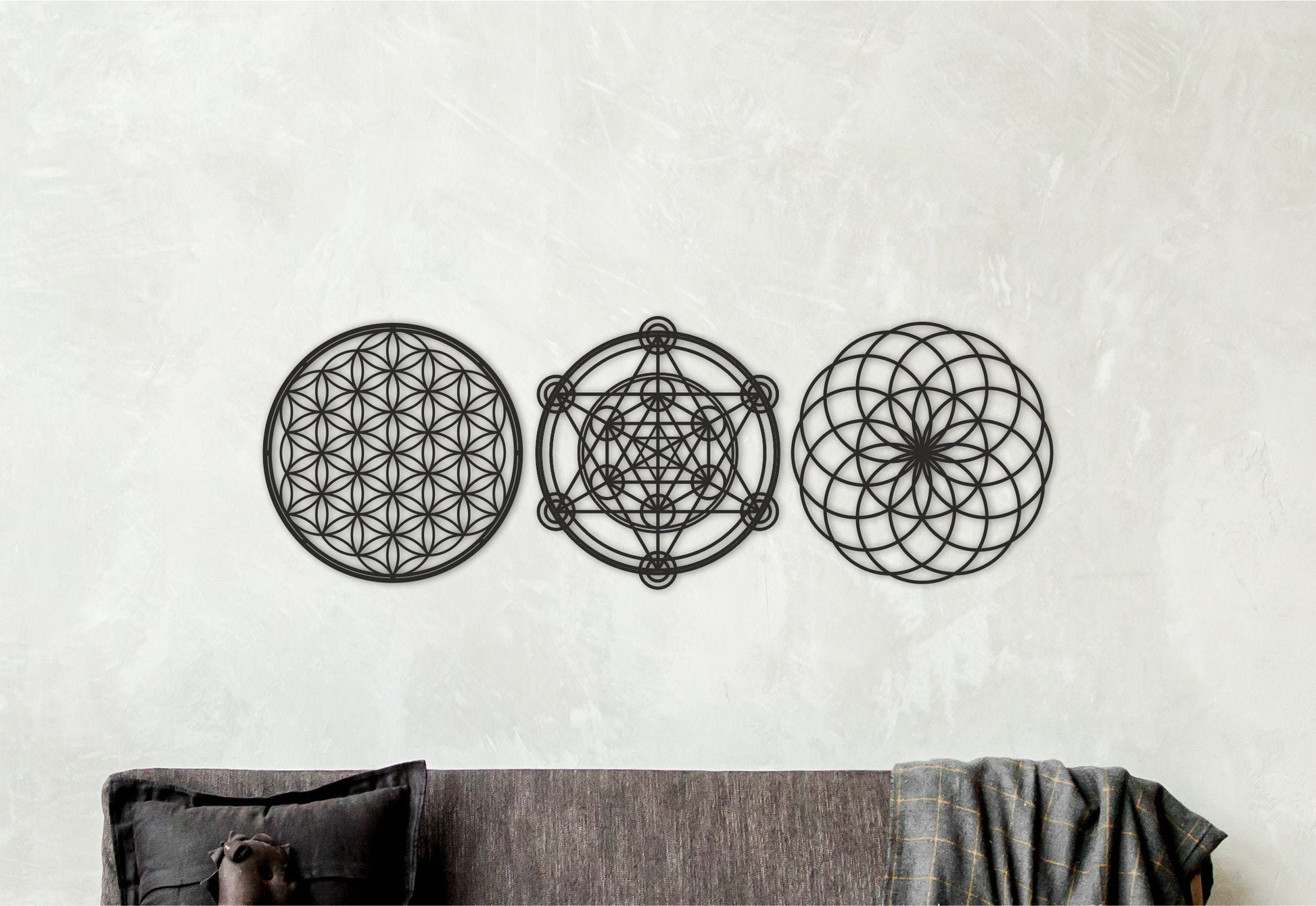 Sacred geometry wall art, metatron cube, flower of life, torus wall art, set of 3, energy healing