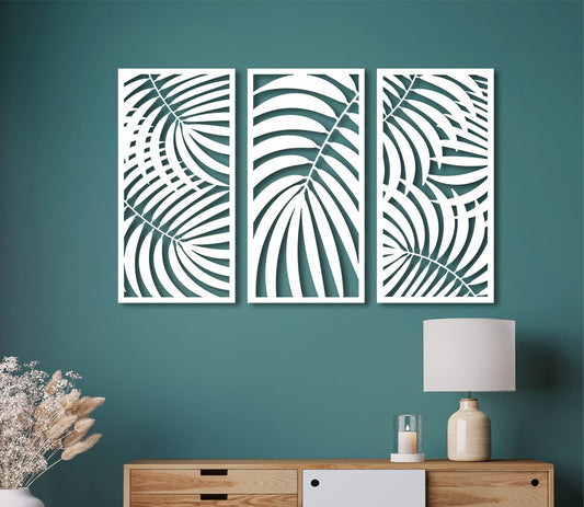 Palm leaves set, Wooden wall art, 3 panels set, Tropical wall decor, Palm leaf panels, Set of 3 panels, Tropical decotarions